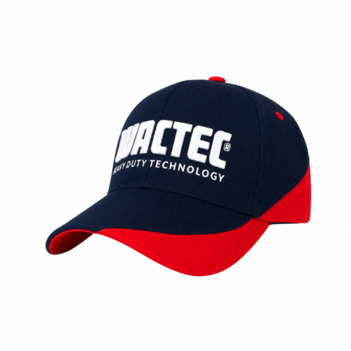 Angled view of navy blue and red WACTEC promotional cap for tool brands
