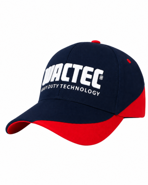 Angled view of navy blue and red WACTEC promotional cap for tool brands