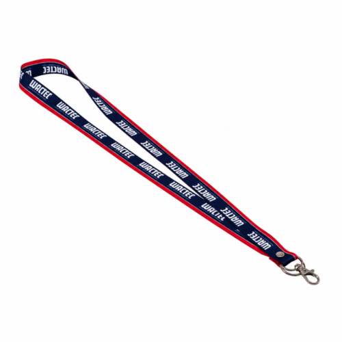 WACTEC custom logo lanyard in navy blue and red with a metal hook and key ring
