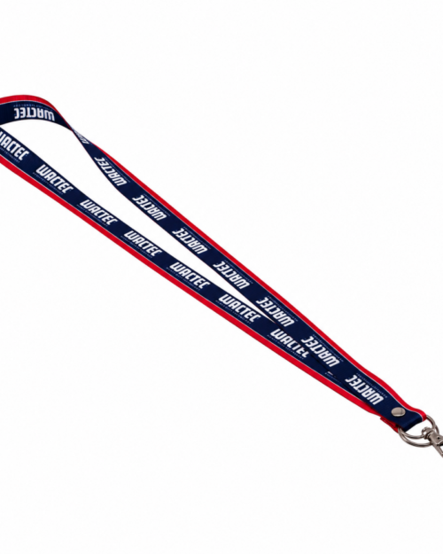 WACTEC custom logo lanyard in navy blue and red with a metal hook and key ring